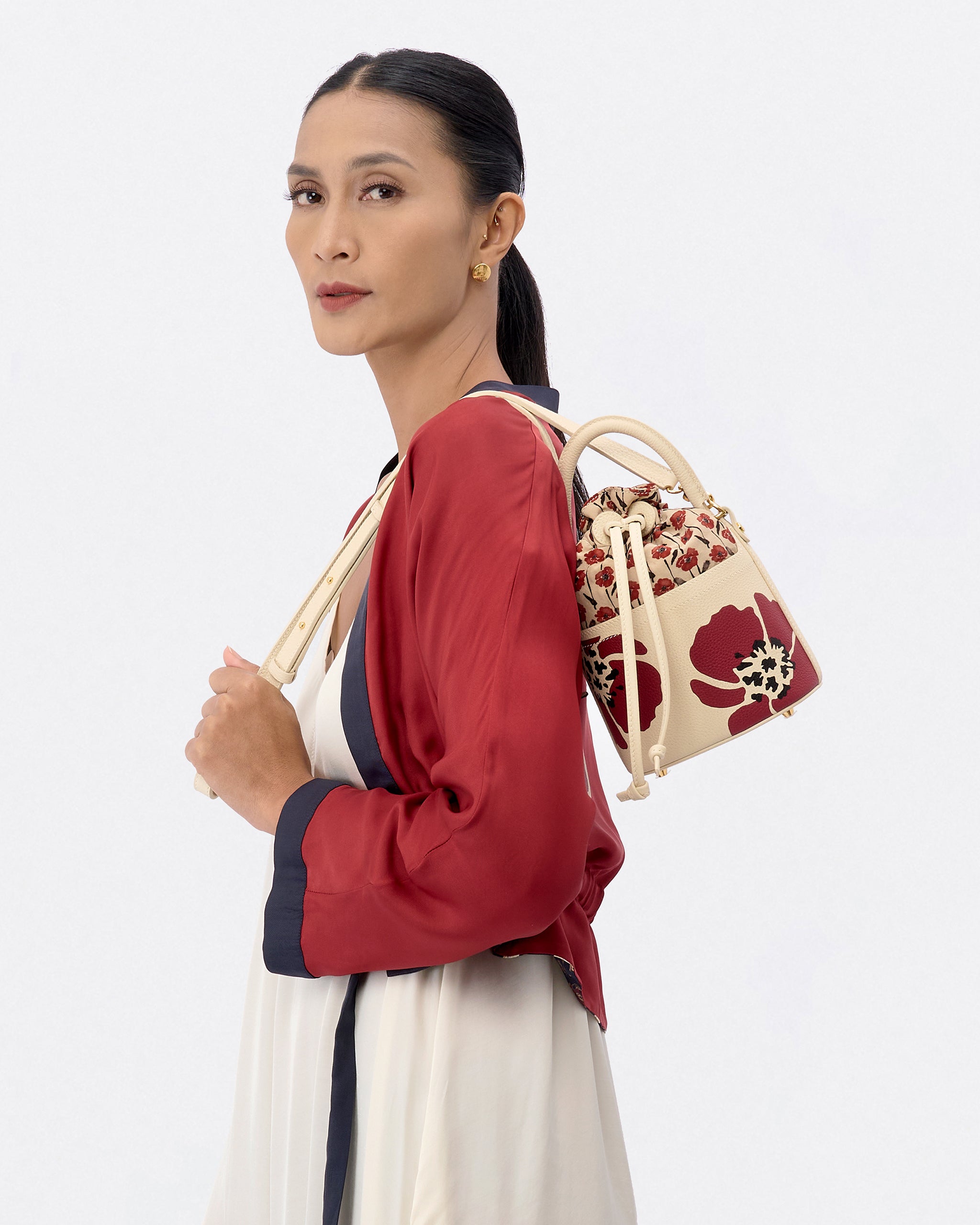 Dancing Poppies Marquetry Mini Bucket Bag Ivory